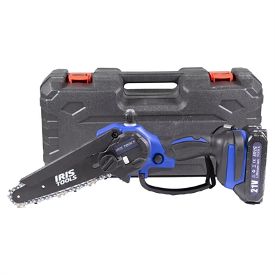 IRIS TOOLS ITCM-100 Akkus olajozós láncfűrész, ágvágó szett (táska + fűrész + 2 akku + töltő), 21V, 15 cm vágási hossz