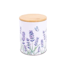 IRIS bádog tartó, tetővel, levendula mintás, fehér 11 x 14 cm