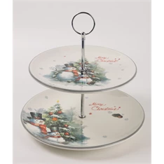 IRIS kerámia kínáló szett, 2 emeletes, hóemberek a karácsonyfa előtt, "merry christmas" felirat 26 cm