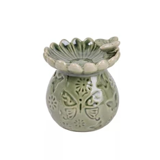 IRIS kerámia olajmécses, lepke mintás, lepkével, zöld 10 cm