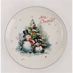 IRIS kerámia tányér, hóemberek a karácsonyfa előtt, "merry christmas" felirat 25 cm