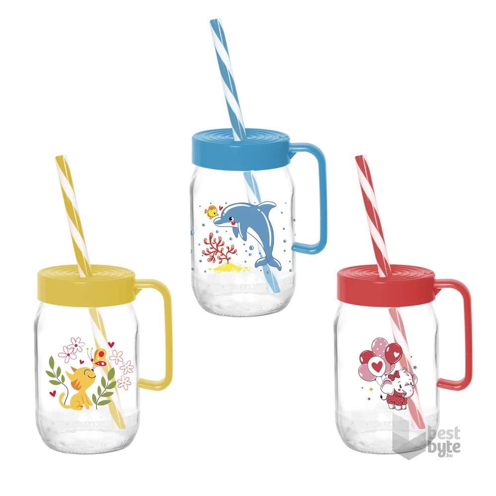 IRIS mintás bögre szívószállal 370ml, delfin, cica vagy elefánt minta 111761-302