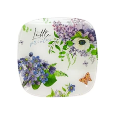 IRIS üveg tál, négyzet alakú, lila virágcsokor mintás 20 x 20cm