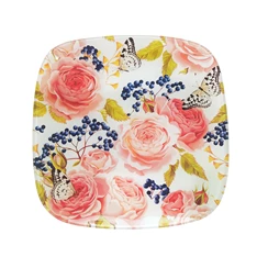 IRIS üveg tál, négyzet alakú, nagy rózsa mintás, rótsaszín 20 x 20cm