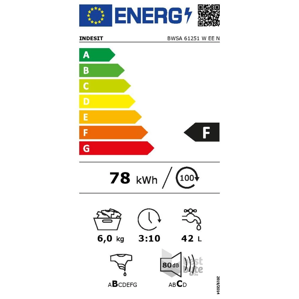 Indesit BWSA 61251 W EU N fehér, elöltöltős, keskeny, max.1200ford., 6 kg, mosógép
