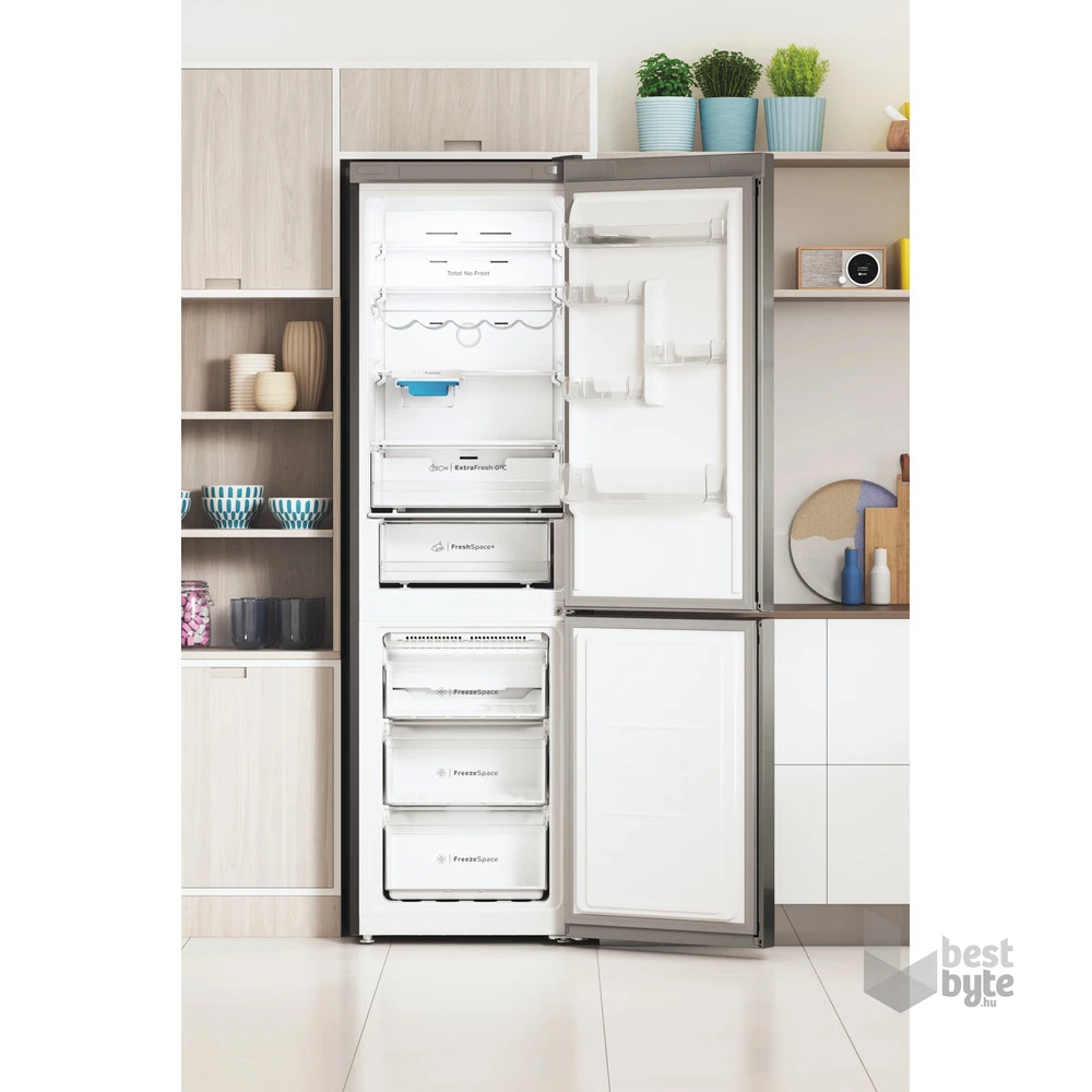 Indesit INFC9 TO32X inox, alulfagyasztós, Hűtő:263L, Fagyasztó:104L, Total No frost hűtőszekrény