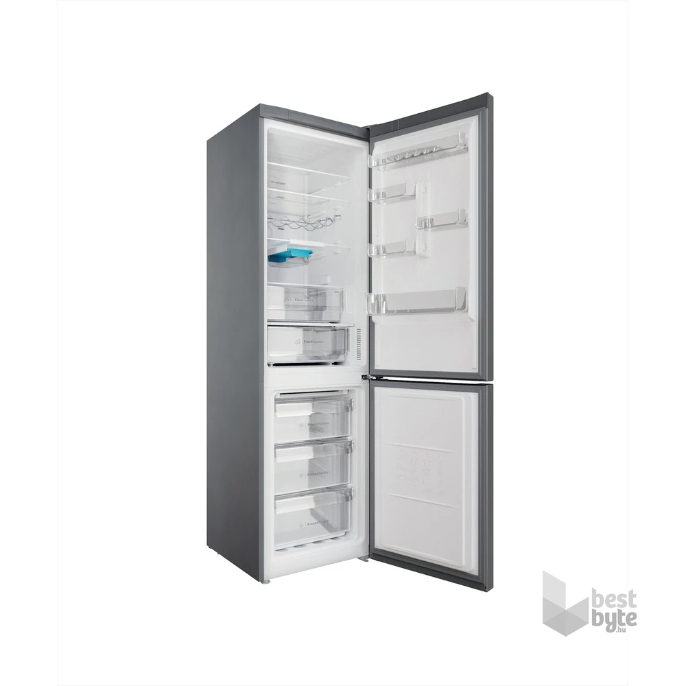 Indesit INFC9 TO32X inox, alulfagyasztós, Hűtő:263L, Fagyasztó:104L, Total No frost hűtőszekrény