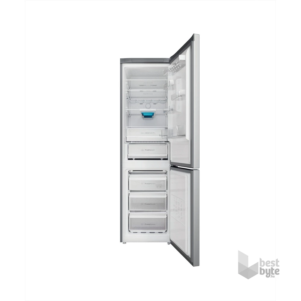 Indesit INFC9 TO32X inox, alulfagyasztós, Hűtő:263L, Fagyasztó:104L, Total No frost hűtőszekrény