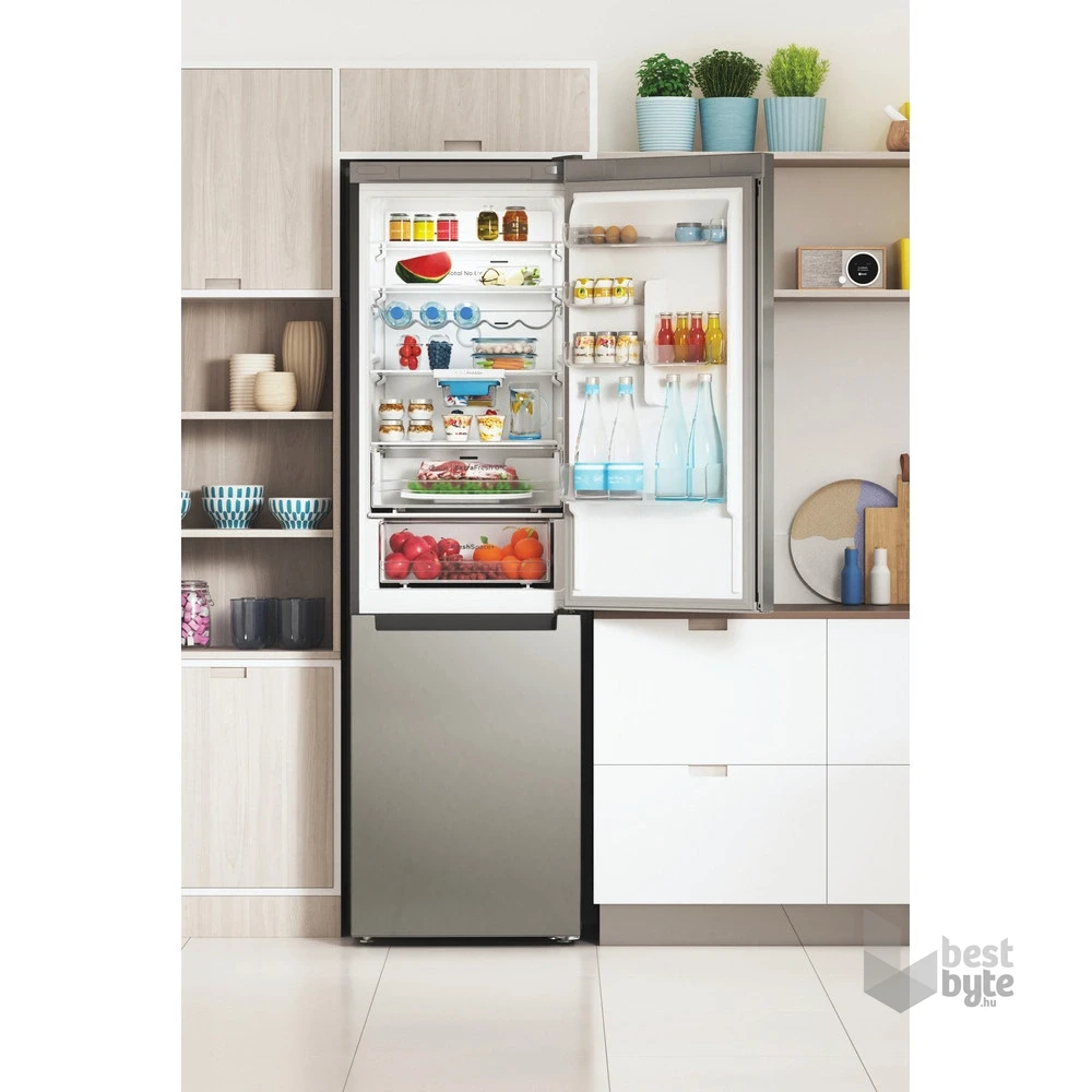 Indesit INFC9 TO32X inox, alulfagyasztós, Hűtő:263L, Fagyasztó:104L, Total No frost hűtőszekrény (Használt - B)