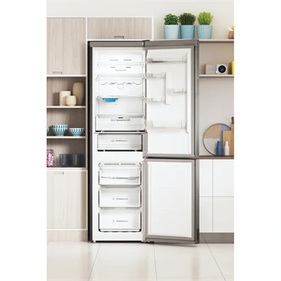 Indesit INFC9 TO32X inox, alulfagyasztós, Hűtő:263L, Fagyasztó:104L, Total No frost hűtőszekrény (Használt - B)