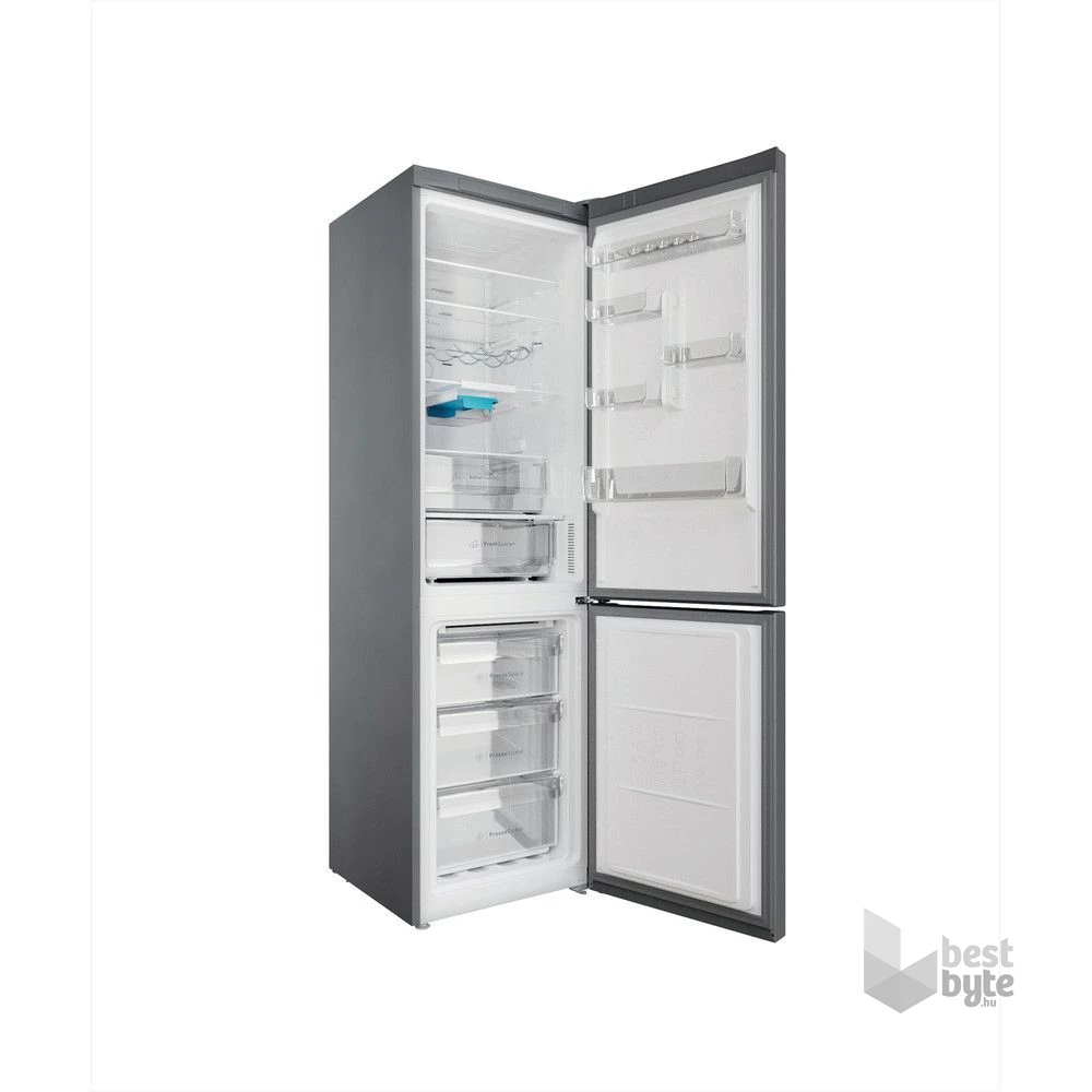 Indesit INFC9 TO32X inox, alulfagyasztós, Hűtő:263L, Fagyasztó:104L, Total No frost hűtőszekrény (Használt - B)