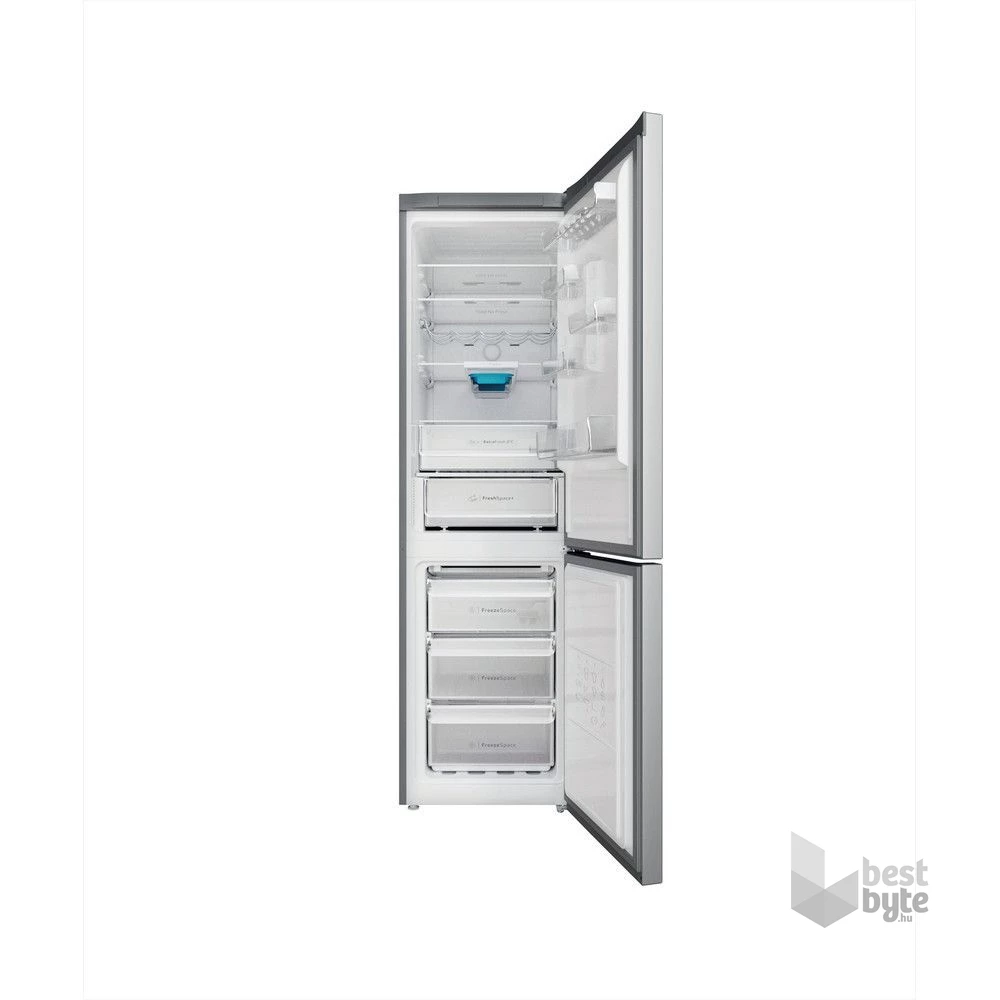 Indesit INFC9 TO32X inox, alulfagyasztós, Hűtő:263L, Fagyasztó:104L, Total No frost hűtőszekrény (Használt - B)