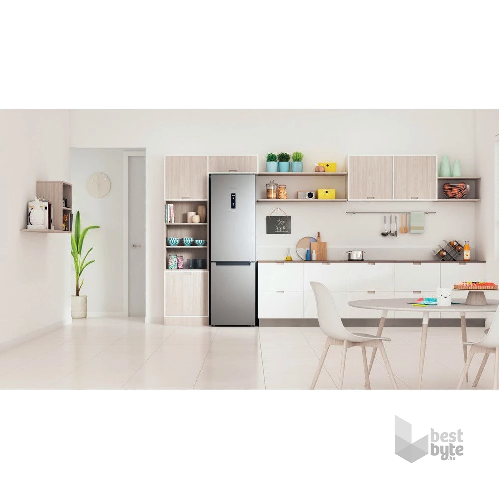 Indesit INFC9 TO32X inox, alulfagyasztós, Hűtő:263L, Fagyasztó:104L, Total No frost hűtőszekrény (Használt - B)