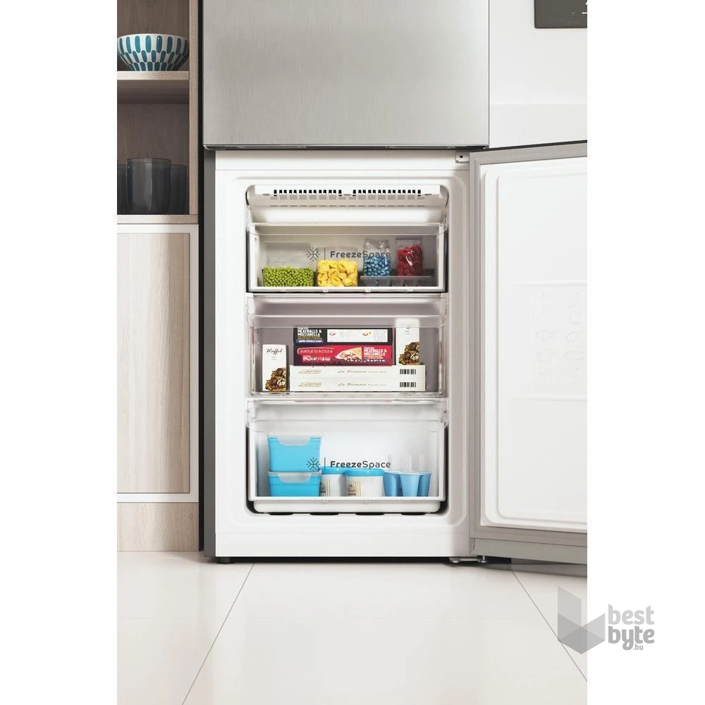 Indesit INFC9 TO32X inox, alulfagyasztós, Hűtő:263L, Fagyasztó:104L, Total No frost hűtőszekrény (Használt - B)