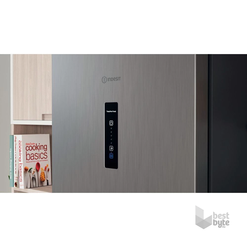 Indesit INFC9 TO32X inox, alulfagyasztós, Hűtő:263L, Fagyasztó:104L, Total No frost hűtőszekrény (Használt - B)