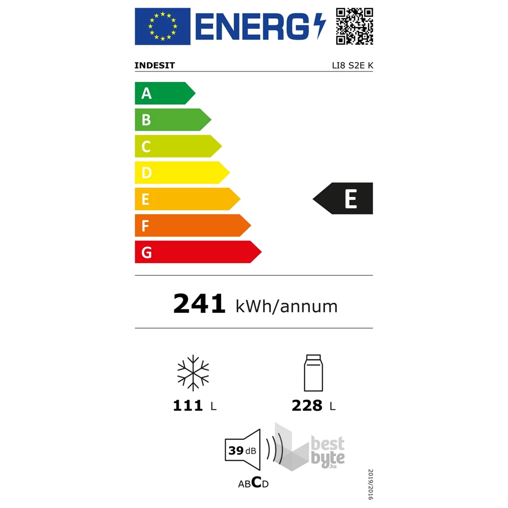 Indesit LI8 S2E K fekete, alulfagyasztós, Hűtő:228L, Fagyasztó:111L, Less. frost hűtőszekrény