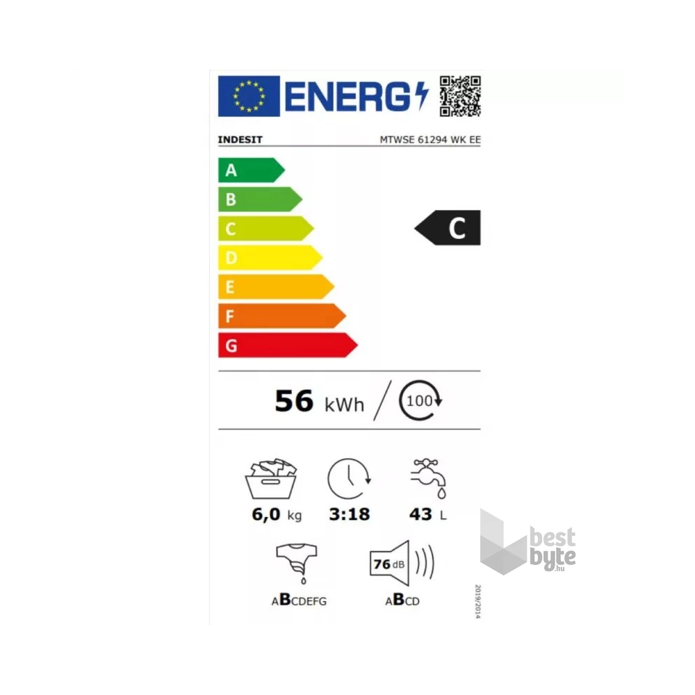 Indesit MTWSE 61294 WK EE fehér, elöltöltős, keskeny, max.1200ford., 6 kg, mosógép (Újszerű)
