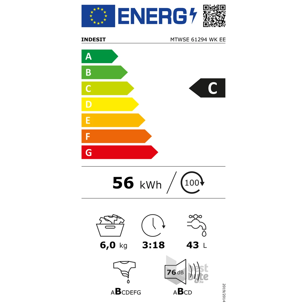 Indesit MTWSE 61294 WK EE fehér, elöltöltős, keskeny, max.1200ford., 6 kg, mosógép (Újszerű)