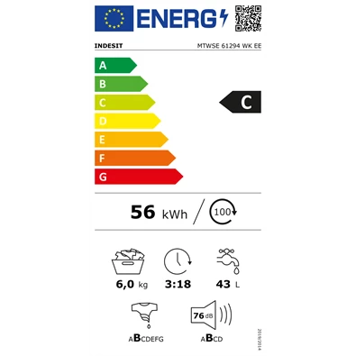 Indesit MTWSE 61294 WK EE fehér, elöltöltős, keskeny, max.1200ford., 6 kg, mosógép (Újszerű)
