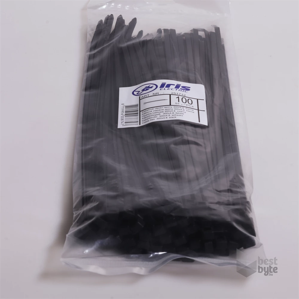 Iris Electric 100 db fekete 250x7,6mm kábelkötegelő, gyorskötöző, kötegelő, UV álló