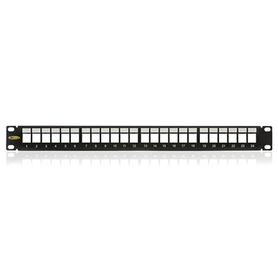 KE-Line Patch panel 1U, fekete, üres, 24 db keystone jack számára