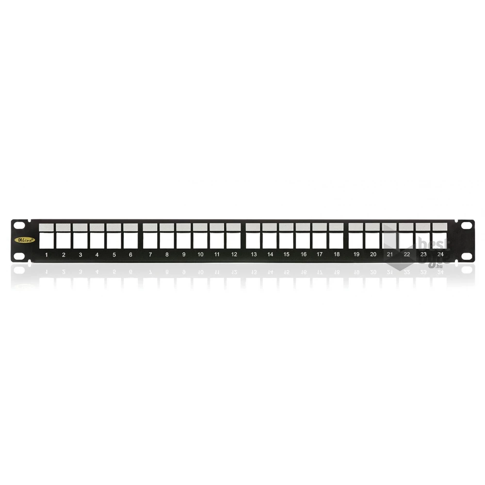 KE-Line Patch panel 1U, fekete, üres, 24 db keystone jack számára