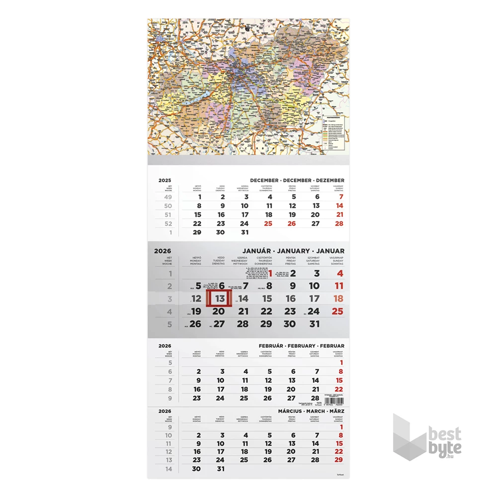 Kalendart 2026 T079 4 havi Magyarország térkép speditőrnaptár