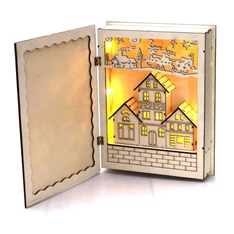 Karácsonyi könyv mintás 44,5x30cm/meleg fehér LED-es fa kinyitható fénydekoráció