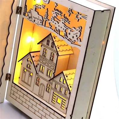 Karácsonyi könyv mintás 44,5x30cm/meleg fehér LED-es fa kinyitható fénydekoráció