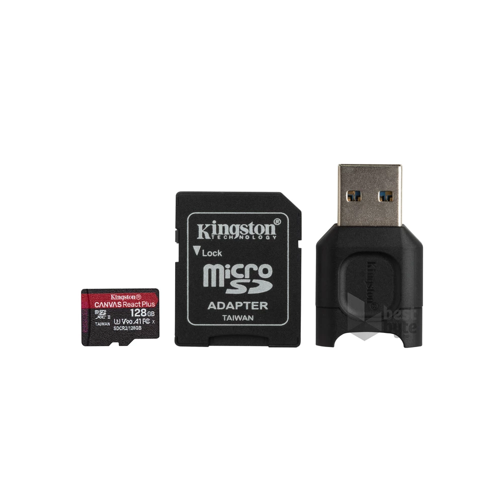 Kingston 128GB SD micro Canvas React Plus (SDXC Class 10 UHS-II U3) (MLPMR2/128GB) memóriakártya adapterrel, olvasóval
