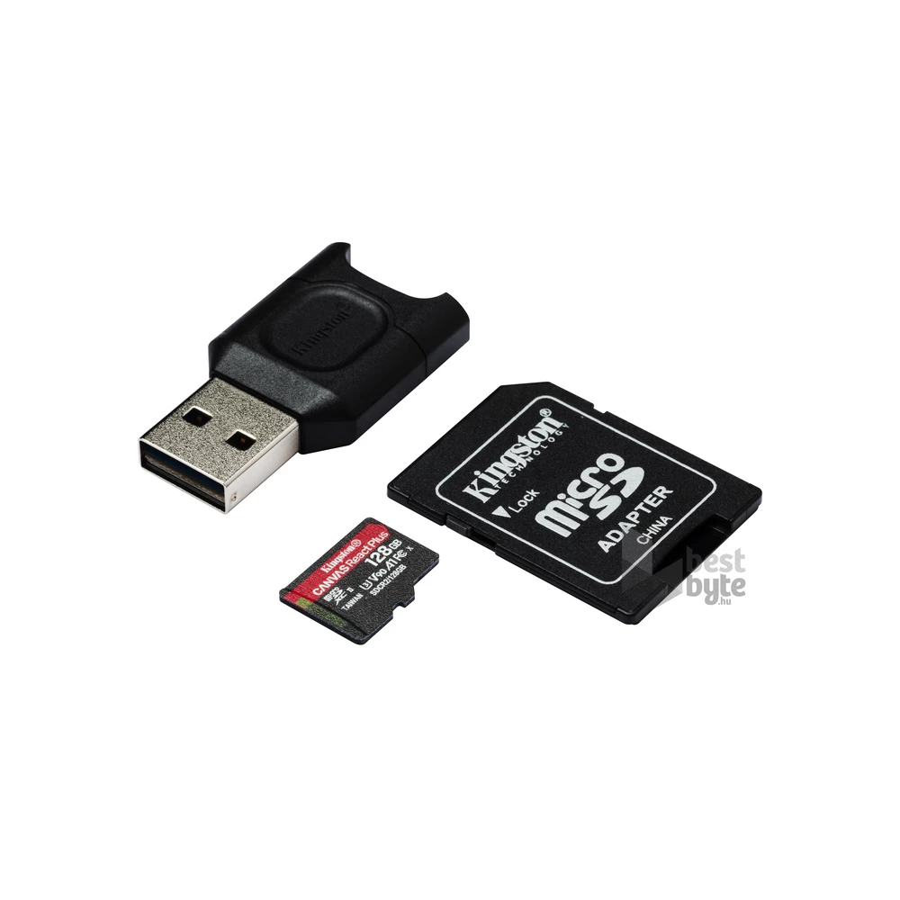 Kingston 128GB SD micro Canvas React Plus (SDXC Class 10 UHS-II U3) (MLPMR2/128GB) memóriakártya adapterrel, olvasóval