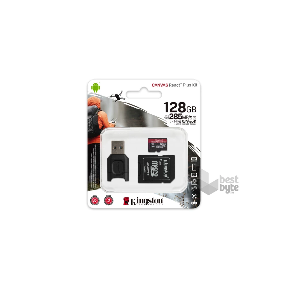 Kingston 128GB SD micro Canvas React Plus (SDXC Class 10 UHS-II U3) (MLPMR2/128GB) memóriakártya adapterrel, olvasóval