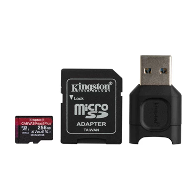 Kingston 256GB SD micro Canvas React Plus (SDXC Class 10 UHS-II U3) (MLPMR2/256GB) memória kártya adapterrel, olvasóval