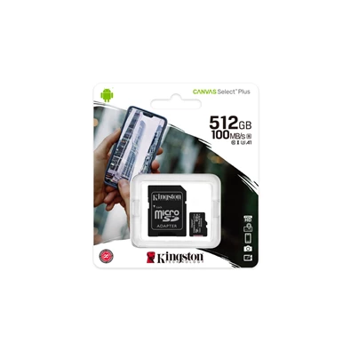 Kingston 512GB SD micro Canvas Select Plus (SDXC Class 10 A1) (SDCS2/512GB) memóriakártya adapterrel