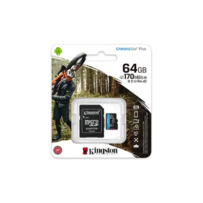 Kingston 64GB SD micro Canvas Go! Plus (SDXC Class 10  UHS-I U3) (SDCG3/64GB) memória kártya adapterrel