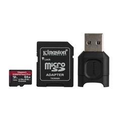 Kingston 64GB SD micro Canvas React Plus (SDXC Class 10  UHS-II U3) (MLPMR2/64GB) memória kártya adapterrel és olvasóval