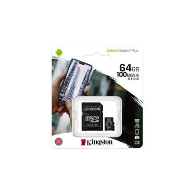 Kingston 64GB SD micro Canvas Select Plus (SDXC Class 10 A1) (SDCS2/64GB) memória kártya adapterrel