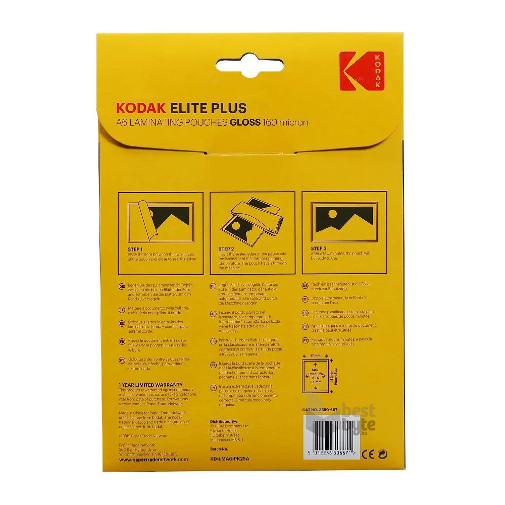 Kodak A6, 160 micron, fényes, 25 db/csomag lamináló fólia