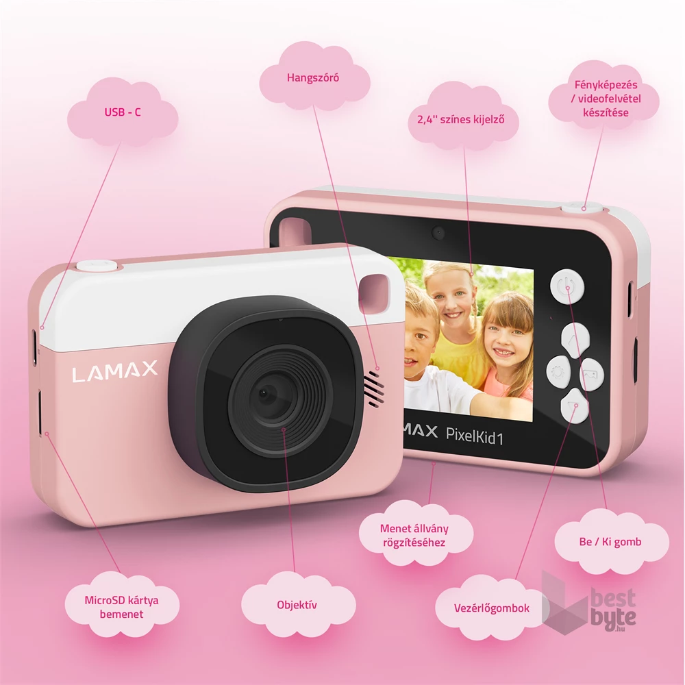LAMAX PixelKid1 Pink Full HD 8MP rózsazsín gyerek fényképezőgép és kamera