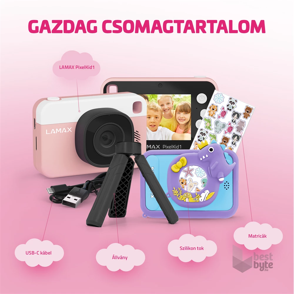 LAMAX PixelKid1 Pink Full HD 8MP rózsazsín gyerek fényképezőgép és kamera