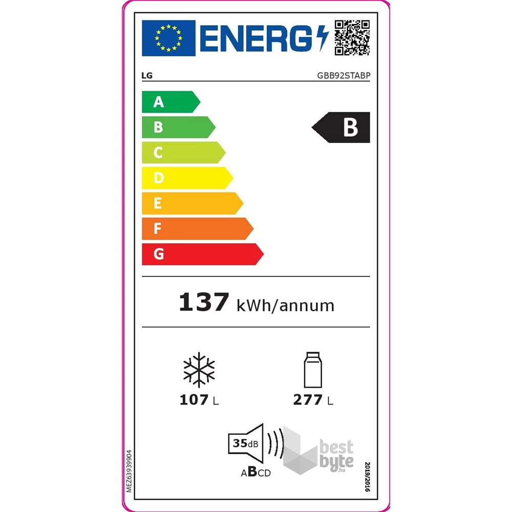 LG GBB92STABP inox, alulfagyasztós, Hűtő:277L, Fagyasztó:107L, DoorCooling + LINEAR Cooling hűtőszekrény