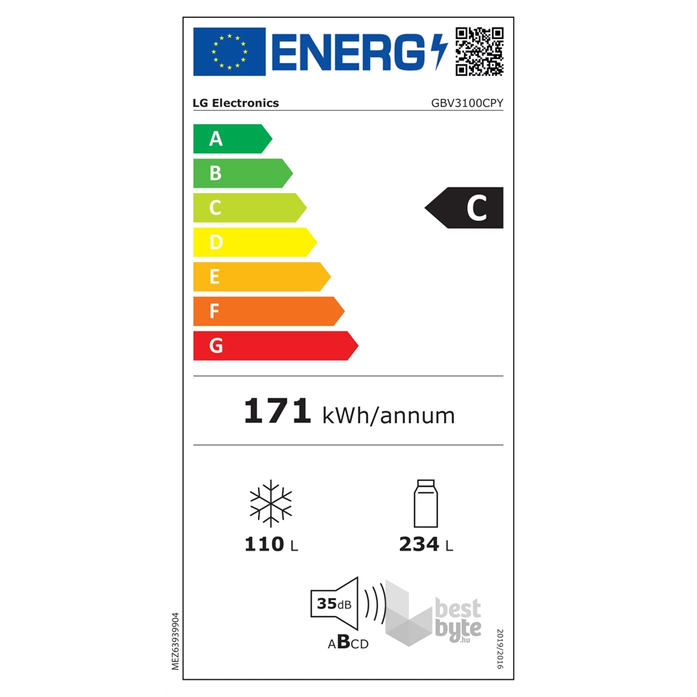 LG GBV3100CPY hamvasezüst, alulfagyasztós, Hűtő:234L, Fagyasztó:110L, DoorCooling + LINEAR Cooling hűtőszekrény