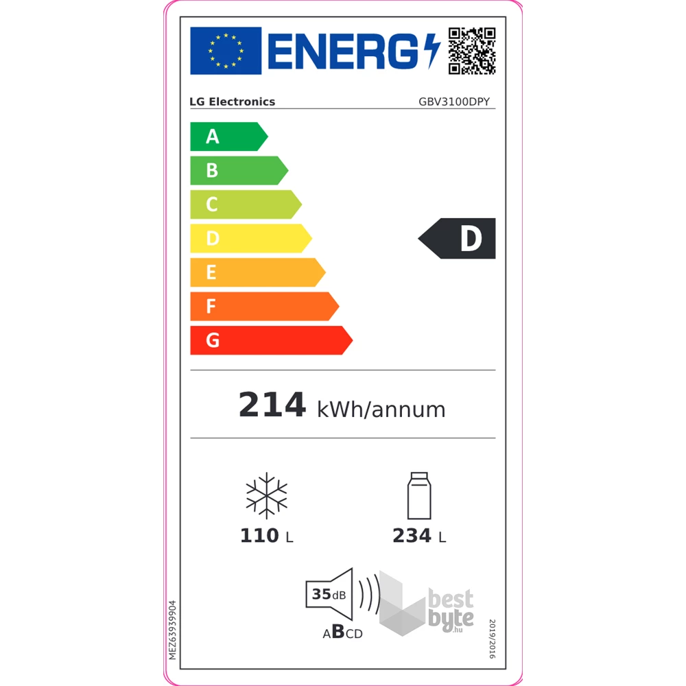 LG GBV3100DPY mattezüst, alulfagyasztós, Hűtő:234L, Fagyasztó:110L, DoorCooling hűtőszekrény