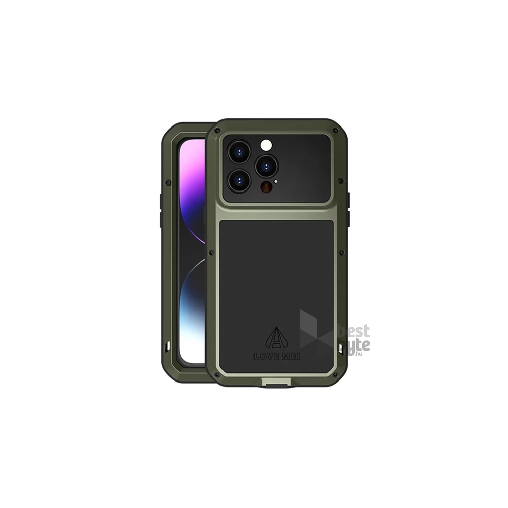 LOVE MEI LOVE MEI GP-138128 iPhone 14 Pro Max fém keret sötétzöld tok + Gorilla Glass üveg
