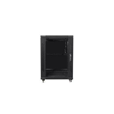 Lanberg FF01-6615-12B 19" 15U SZÉL:600mm MÉLY:600mm MAG:848mm lapraszerelt üvegajtós fekete rack szekrény