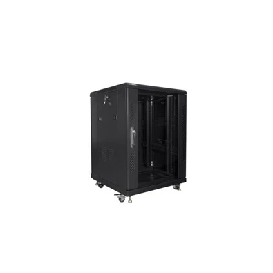 Lanberg FF01-6615-12B 19" 15U SZÉL:600mm MÉLY:600mm MAG:848mm lapraszerelt üvegajtós fekete rack szekrény
