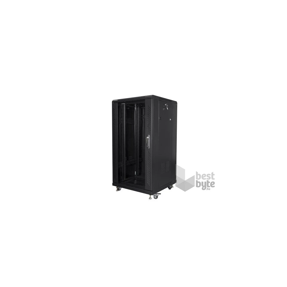 Lanberg FF01-6622-12B 19" 22U SZÉL:600mm MÉLY:600mm MAG:1159mm lapraszerelt üvegajtós fekete rack szekrény