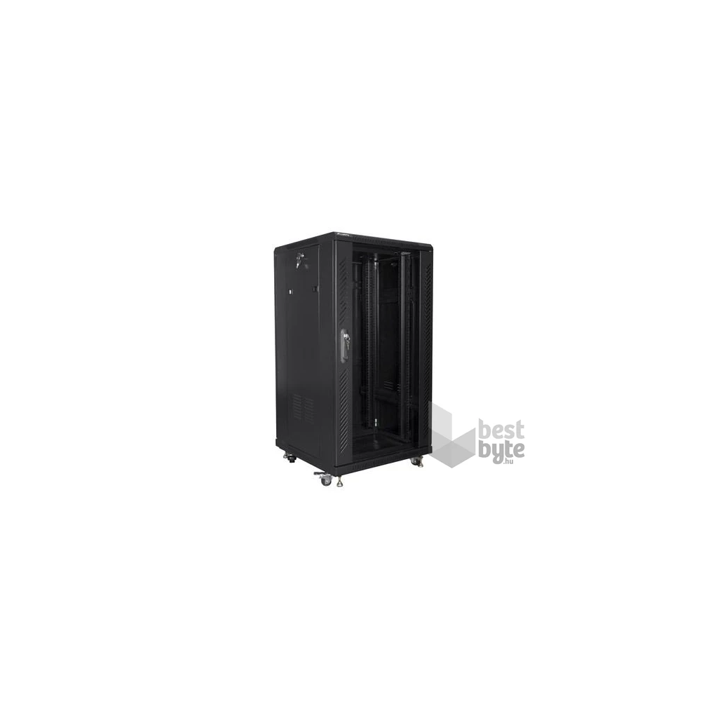 Lanberg FF01-6622-12B 19" 22U SZÉL:600mm MÉLY:600mm MAG:1159mm lapraszerelt üvegajtós fekete rack szekrény