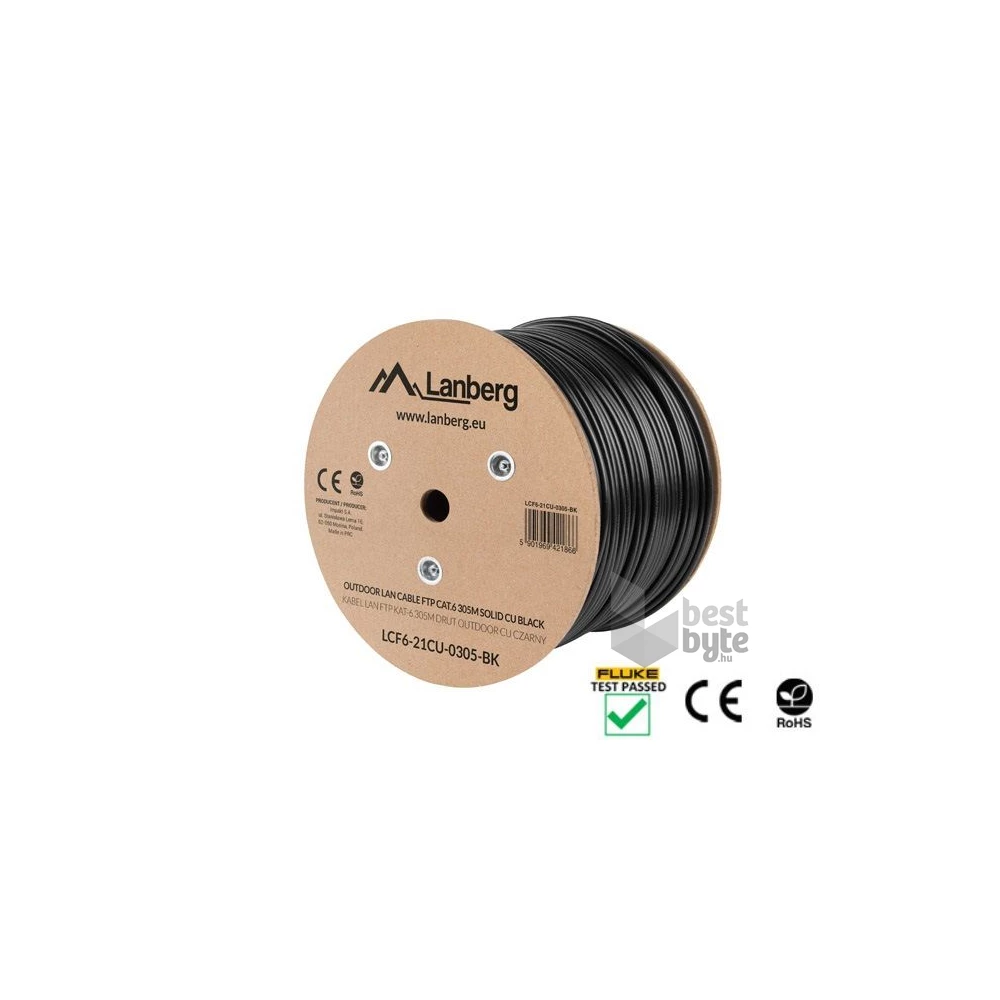 Lanberg LCF6-21CU-0305-BK Cat.6 F/UTP AWG23 Fca PE 305m árnyékolt fekete kültéri kábel