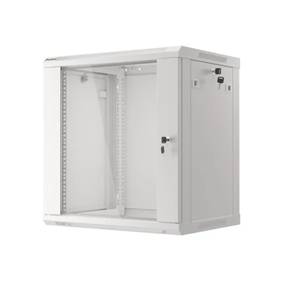 Lanberg WF01-6412-10S 19" 12U SZÉL:600mm MÉLY:450mm MAG:645mm lapraszerelt üvegajtós szürke fali rack szekrény